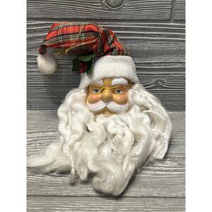 Vintage Santa Plastic Face Christmas Ornament Soft Yarn Beard Plaid Hat 9”